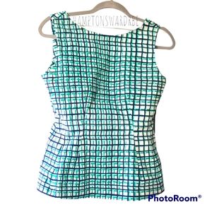 kate spade♠️| Sz M Blue Check Tatiana Breeze Block Peplum Slvless Top MSRP $248